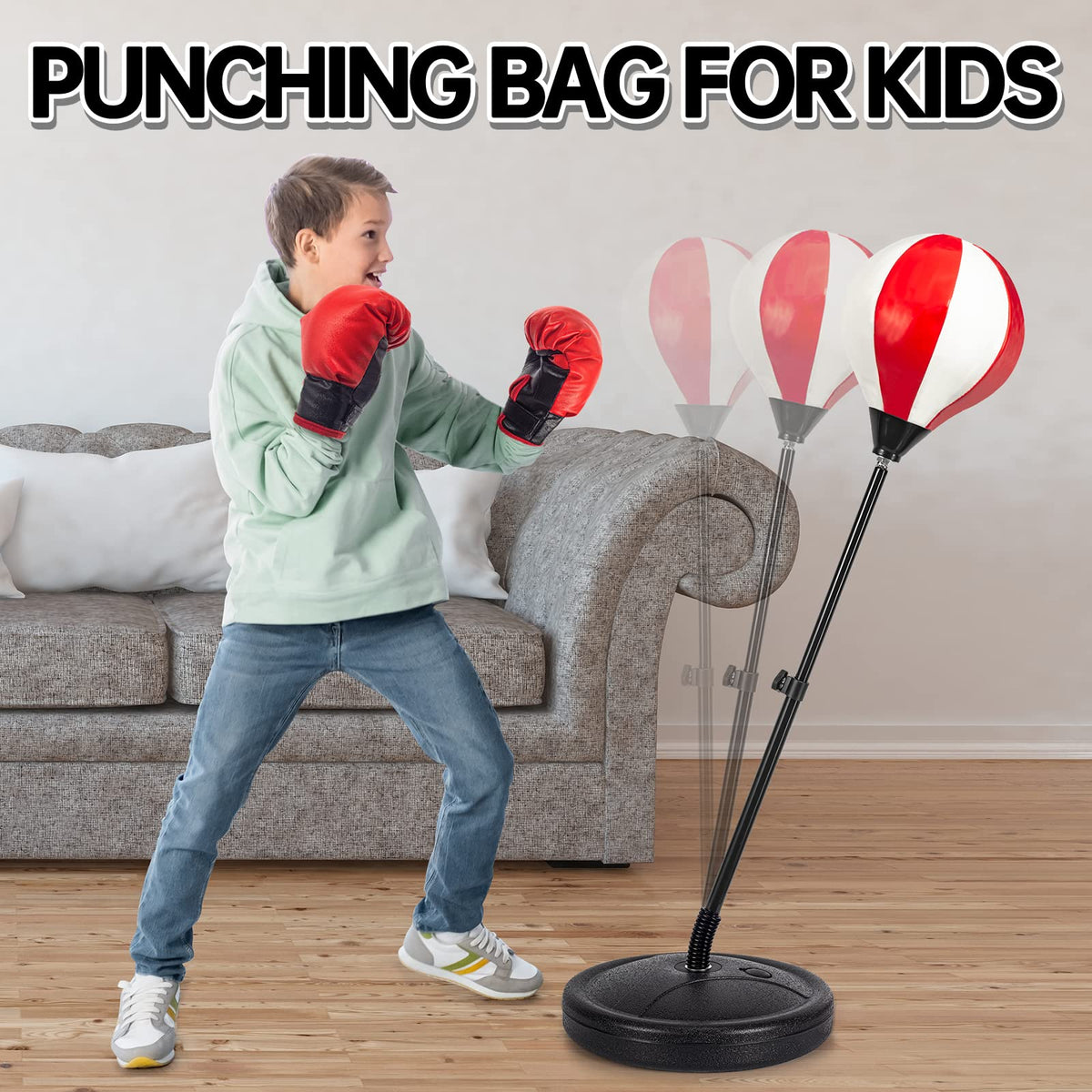 ShyLizard Punching Bag for Kids – 2 Pack Boxing Gloves, Height Adjustable Stand, Gift for Ages 5–10