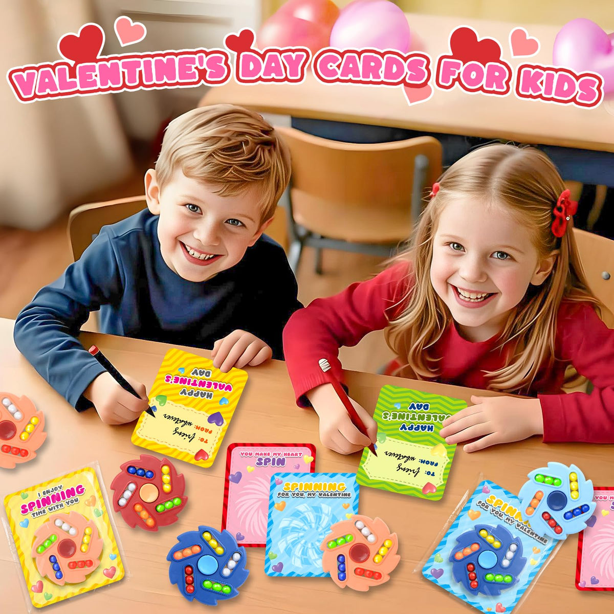 ShyLizard Valentines Day Cards for Kids — 24-Pack Gift Set with Magic Bean Fidget Spinners