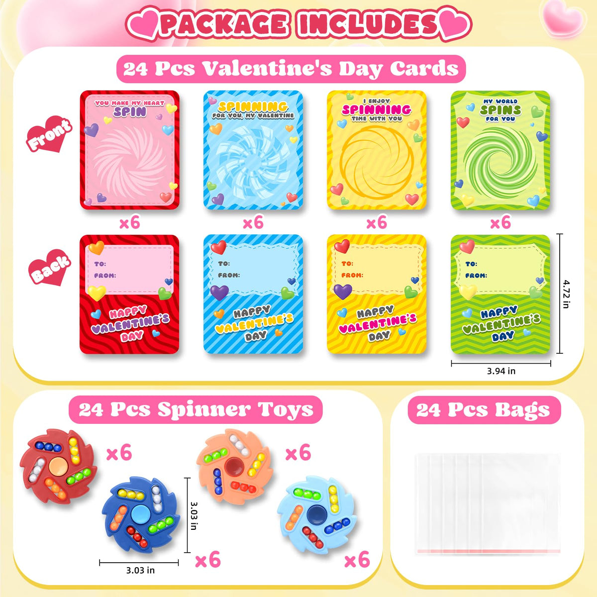 ShyLizard Valentines Day Cards for Kids — 24-Pack Gift Set with Magic Bean Fidget Spinners