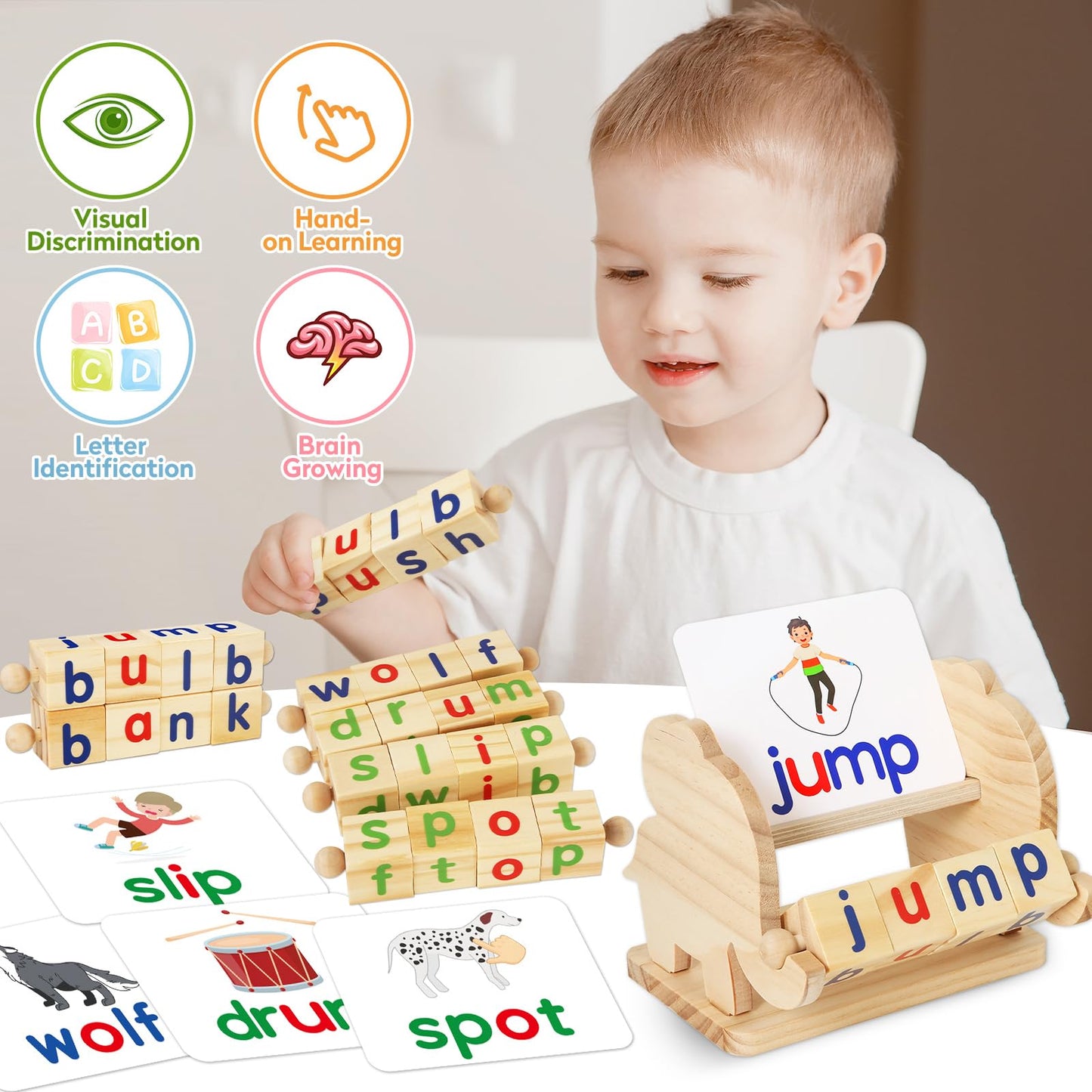 ShyLizard Montessori Wooden Reading Blocks – For Kids 3-5 | Flash Cards & Spelling Toy