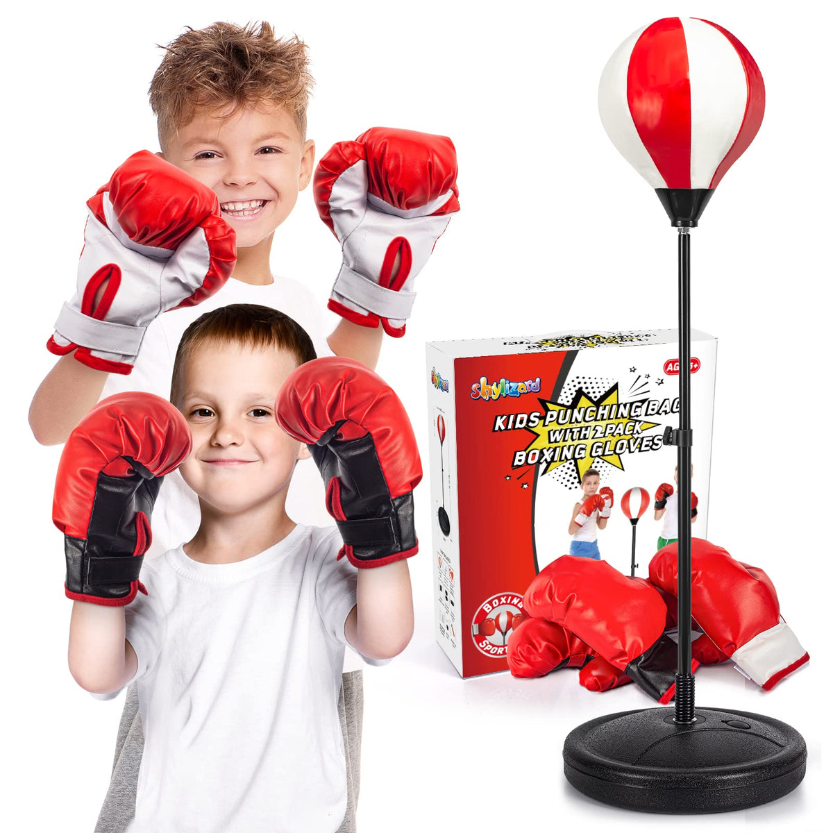 ShyLizard Punching Bag for Kids – 2 Pack Boxing Gloves, Height Adjustable Stand, Gift for Ages 5–10