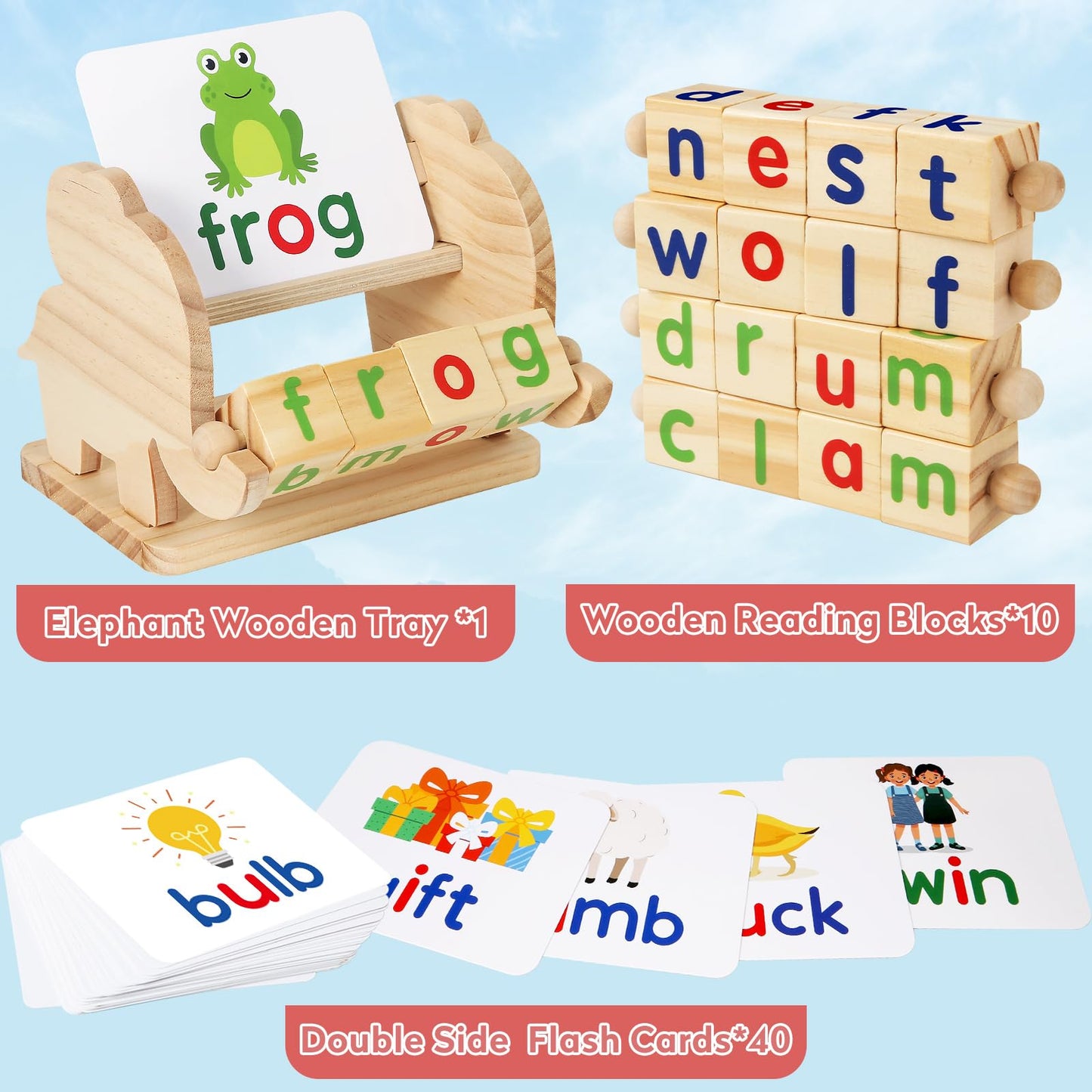 ShyLizard Montessori Wooden Reading Blocks – For Kids 3-5 | Flash Cards & Spelling Toy