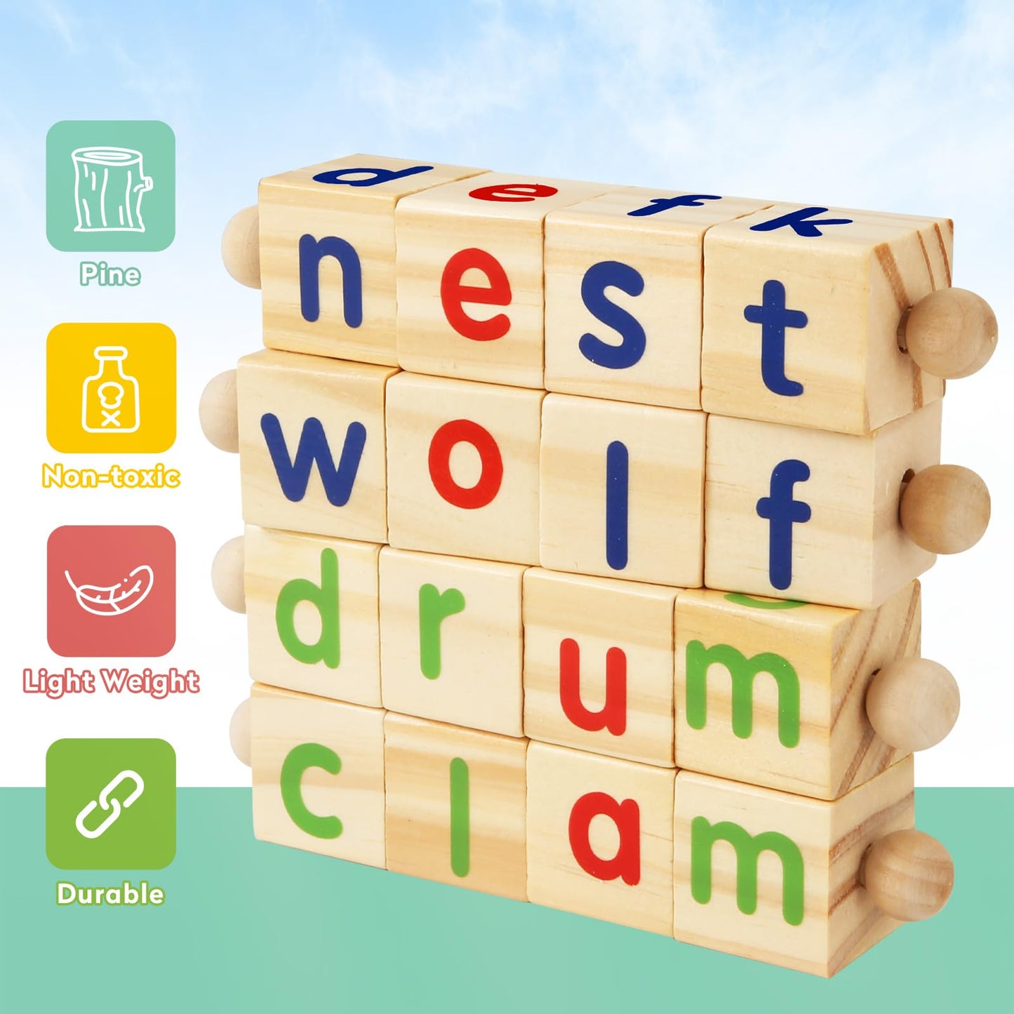 ShyLizard Montessori Wooden Reading Blocks – For Kids 3-5 | Flash Cards & Spelling Toy