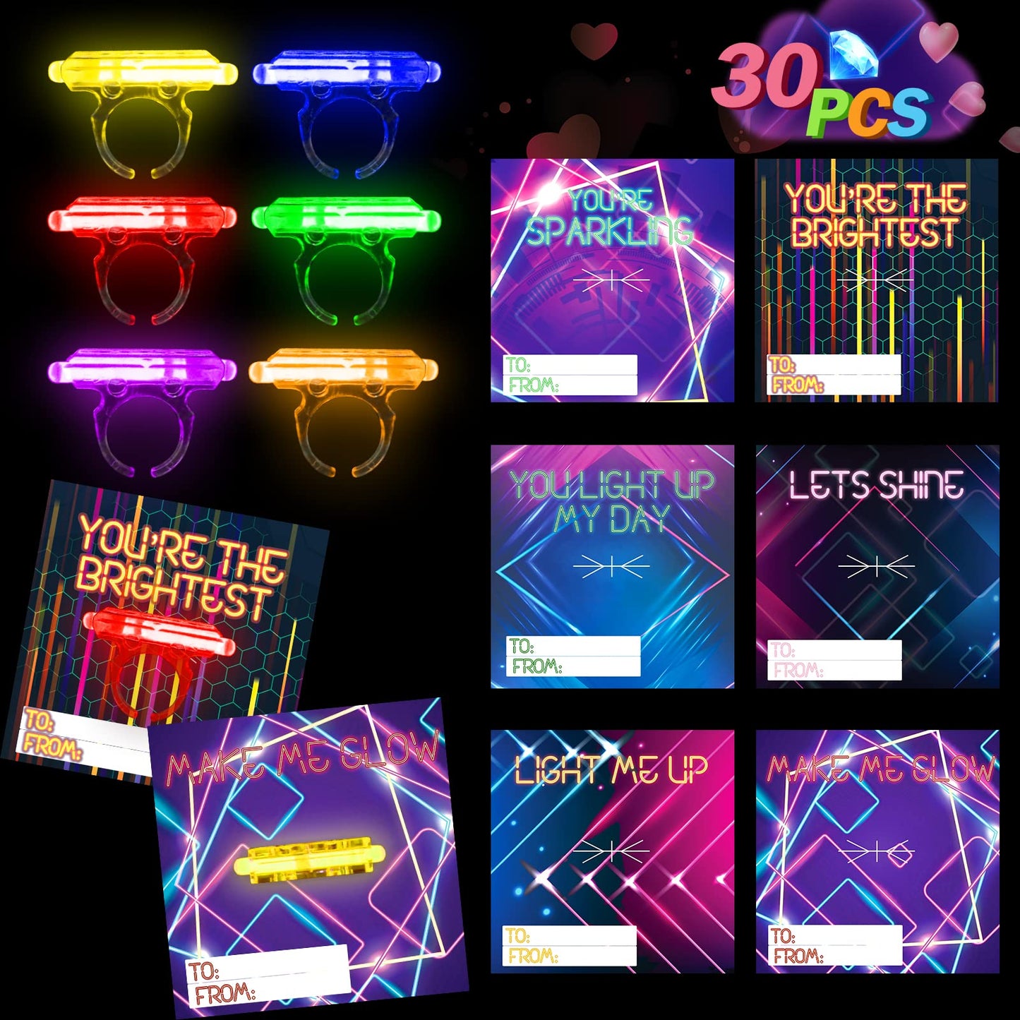 ShyLizard Valentines Day Cards for Classroom – 30 Rings & 36 Glow Sticks
