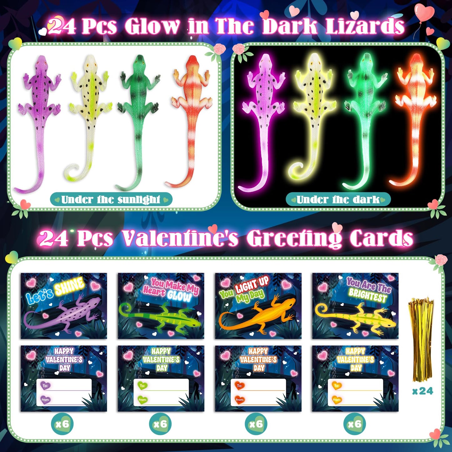 ShyLizard 24-Pack Valentines with Glow-in-the-Dark Lizard Toys | Kids Cards & Gifts