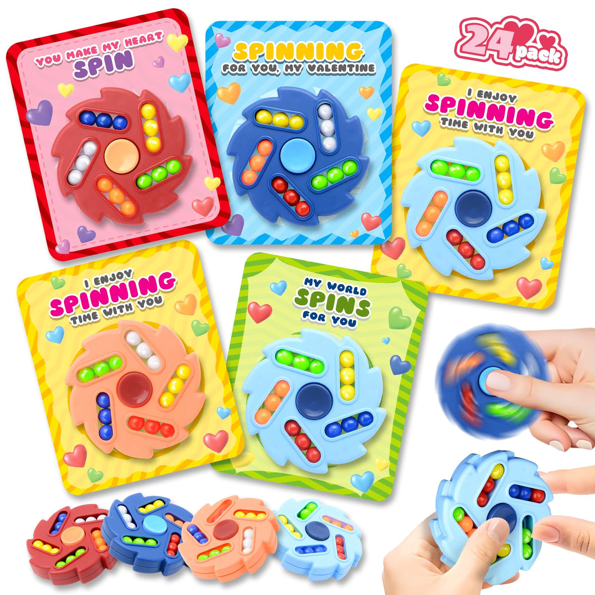 ShyLizard Valentines Day Cards for Kids — 24-Pack Gift Set with Magic Bean Fidget Spinners