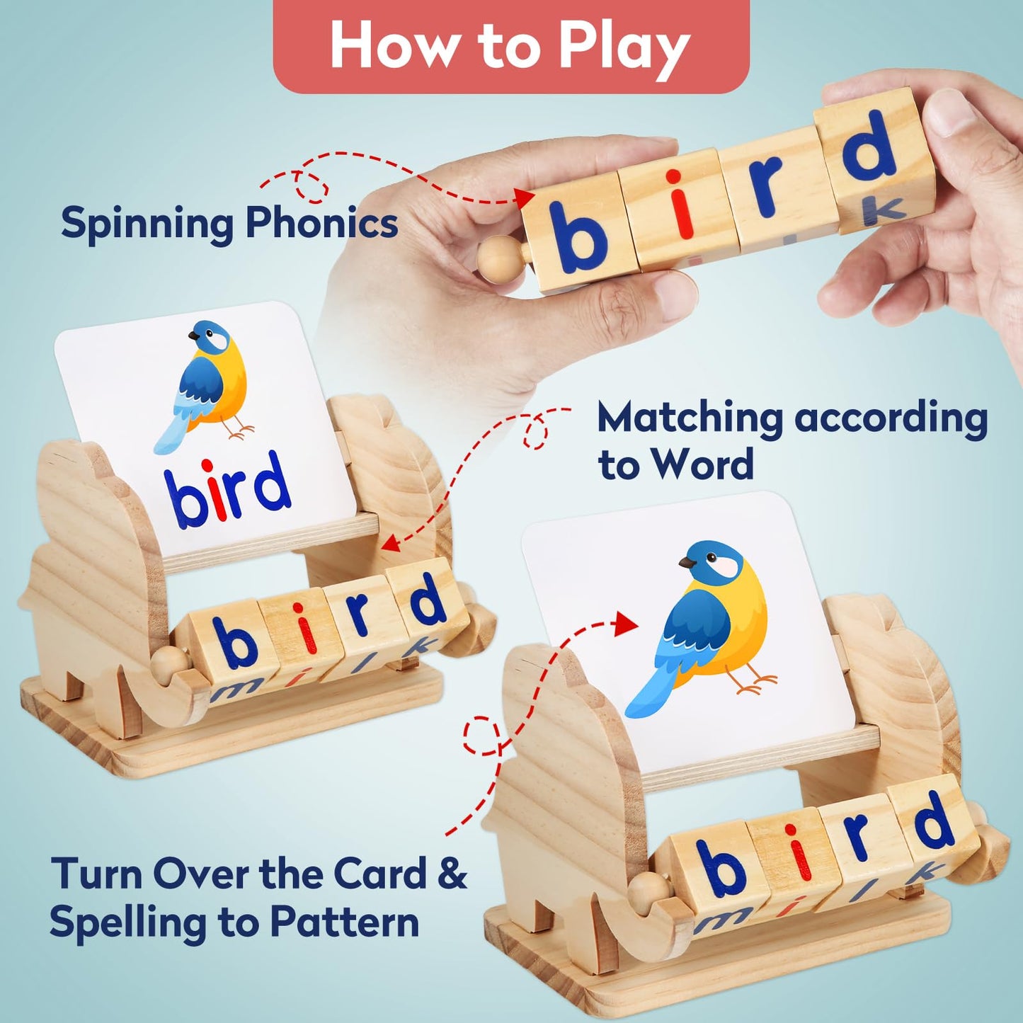 ShyLizard Montessori Wooden Reading Blocks – For Kids 3-5 | Flash Cards & Spelling Toy