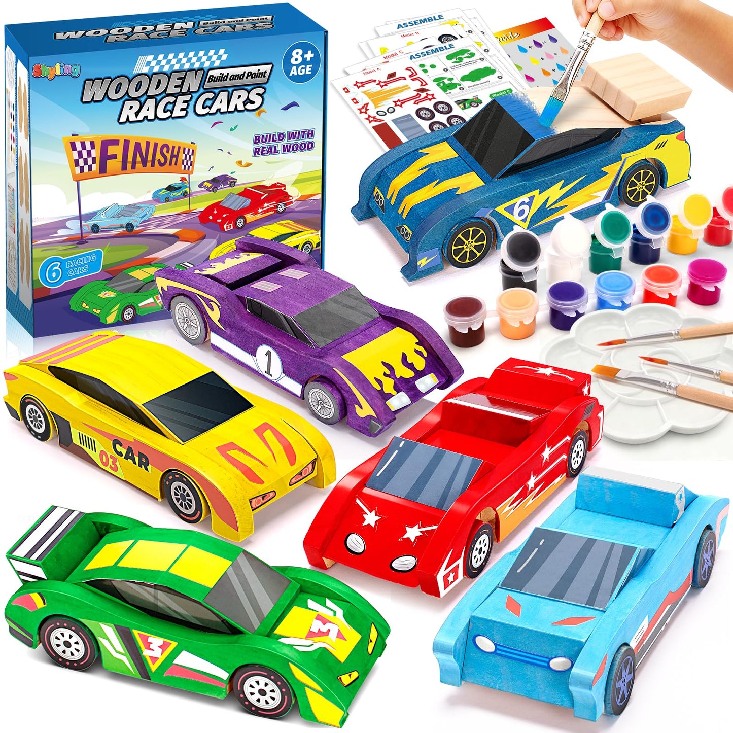 Shyling Arts & Crafts Kit – Build & Paint 6 Wooden Race Cars for Kids Aged 8-12