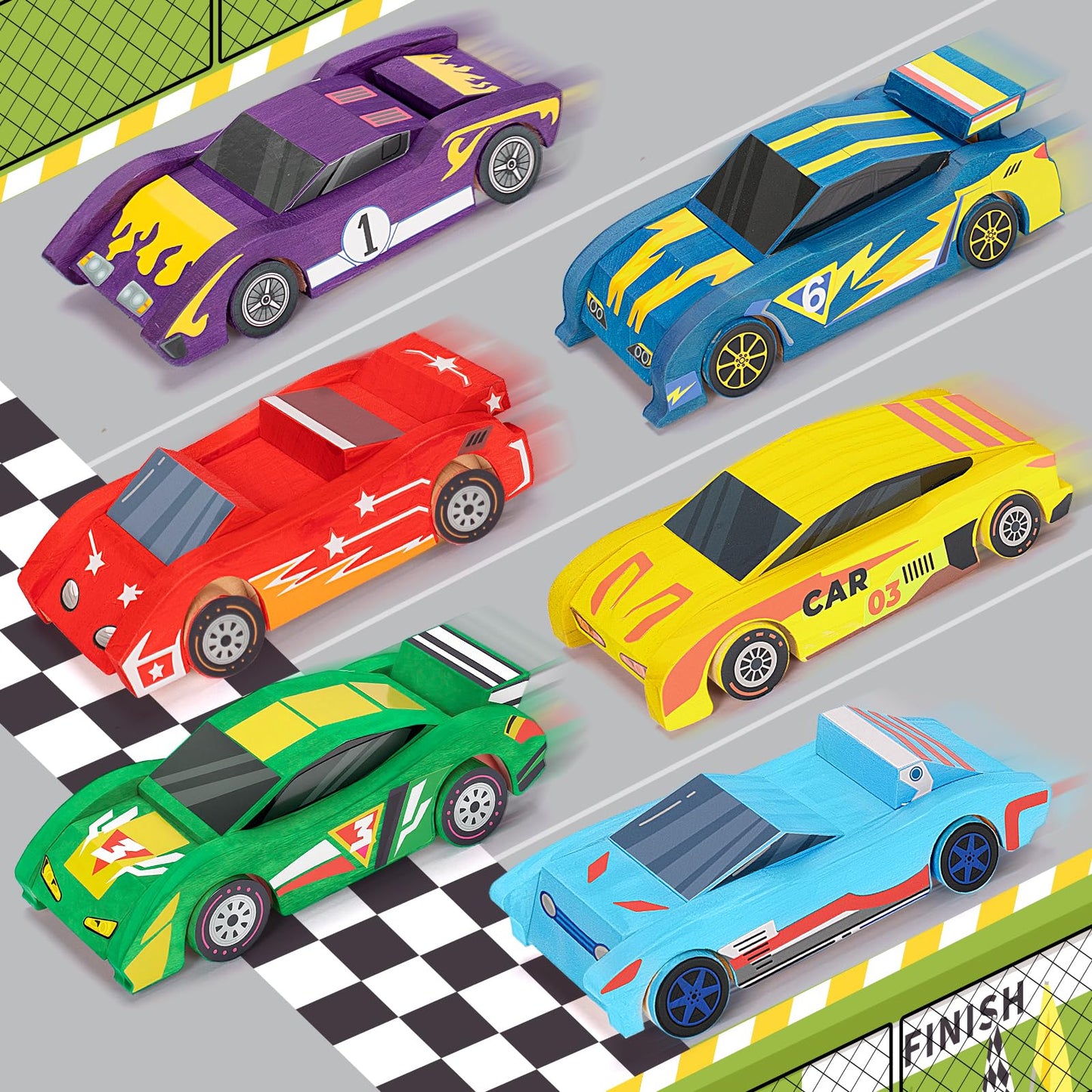 Shyling Arts & Crafts Kit – Build & Paint 6 Wooden Race Cars for Kids Aged 8-12