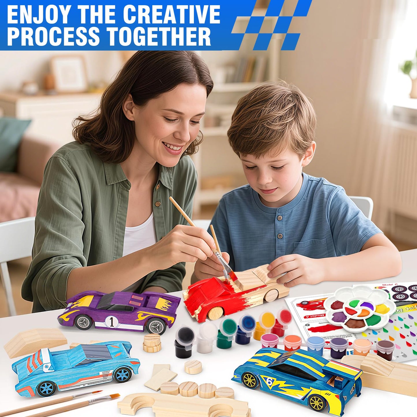 Shyling Arts & Crafts Kit – Build & Paint 6 Wooden Race Cars for Kids Aged 8-12