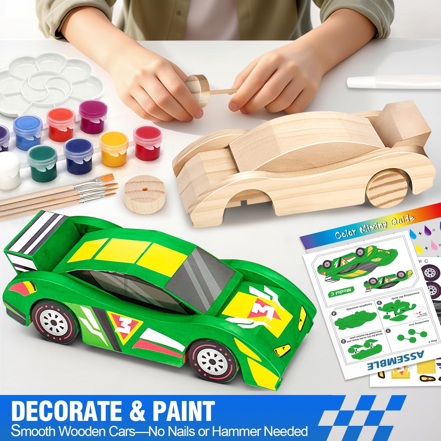 Shyling Arts & Crafts Kit – Build & Paint 6 Wooden Race Cars for Kids Aged 8-12