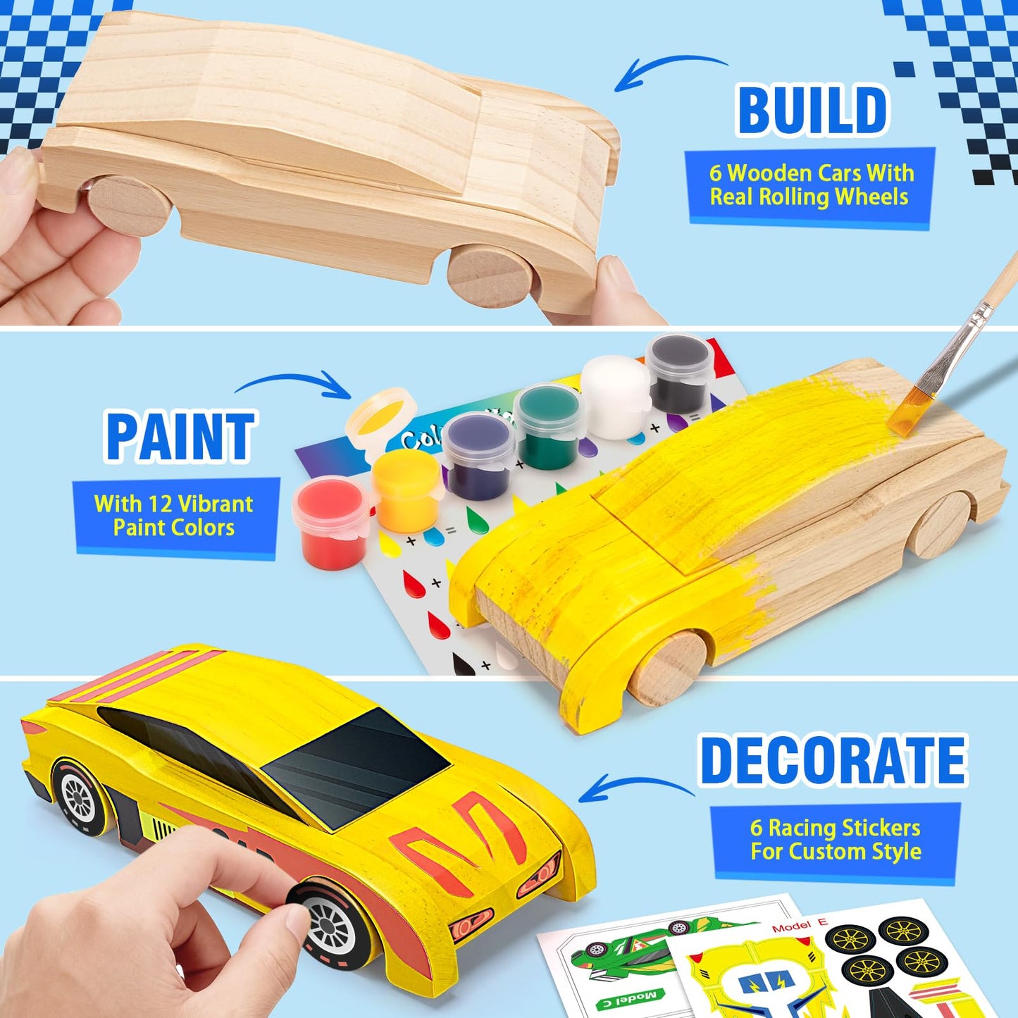 Shyling Arts & Crafts Kit – Build & Paint 6 Wooden Race Cars for Kids Aged 8-12
