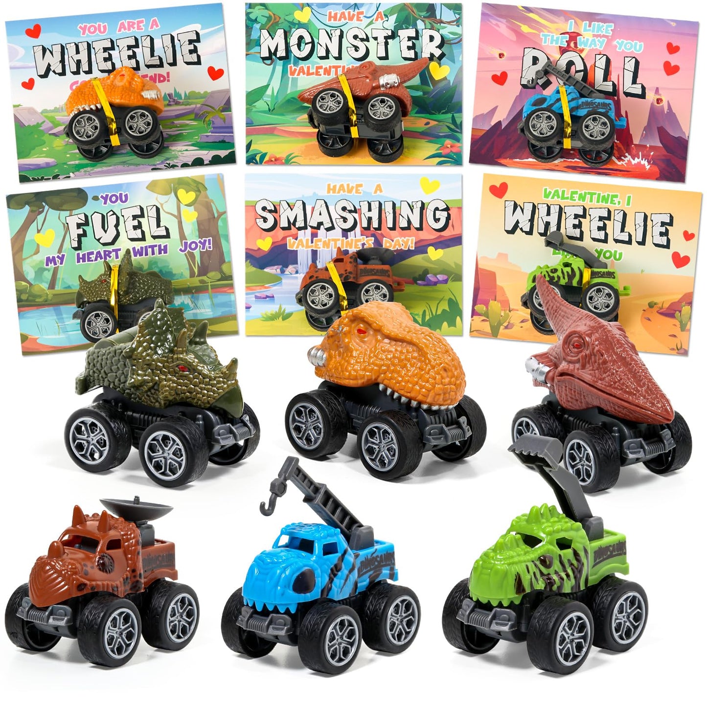 Shyling Valentines Day Cards for Kids – 24-Pack Monster Truck Dino Cards & Pull-Back Toys