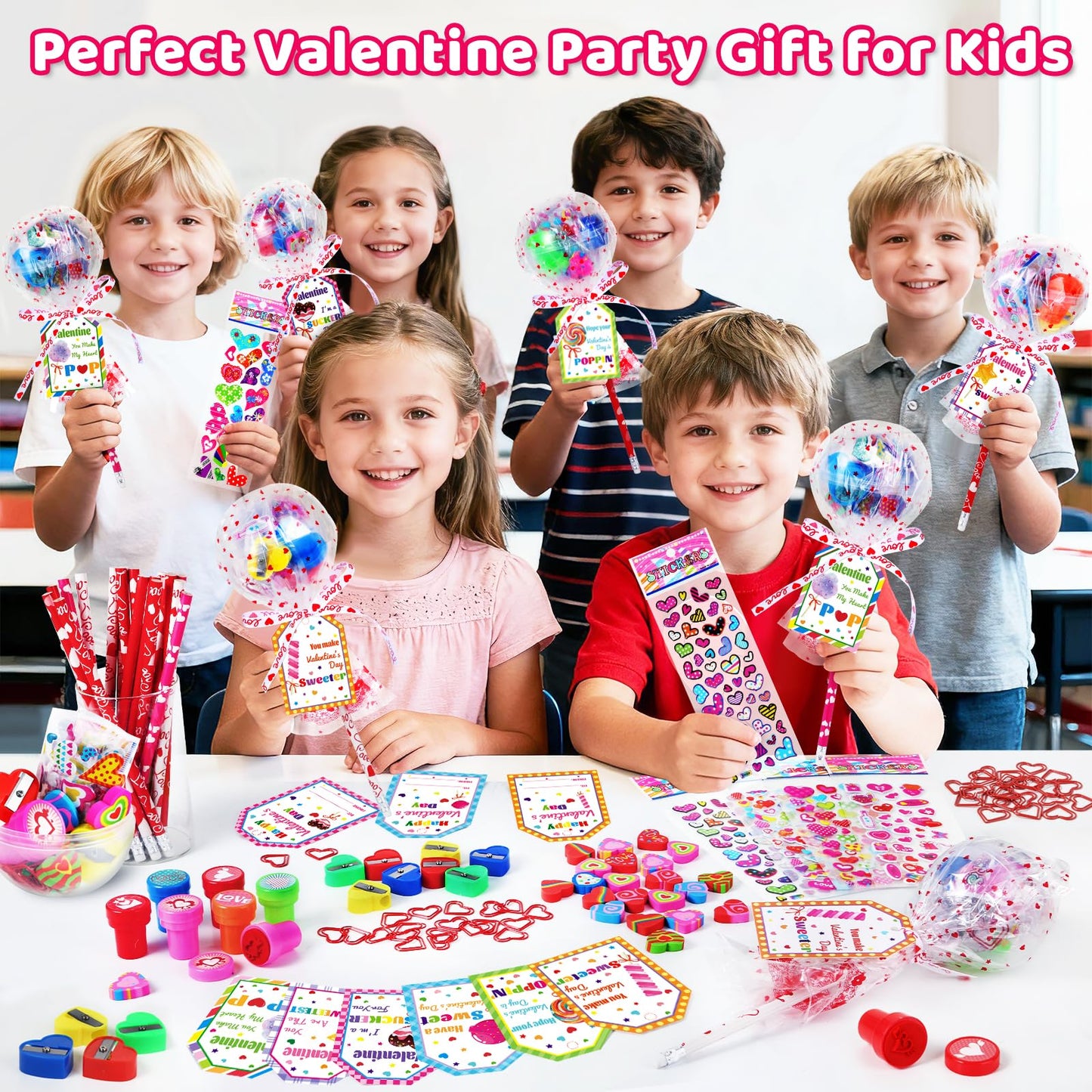 Shyling Valentines Day Card for Kids School – 24 Pack Giant Lollipop Stationery Kit