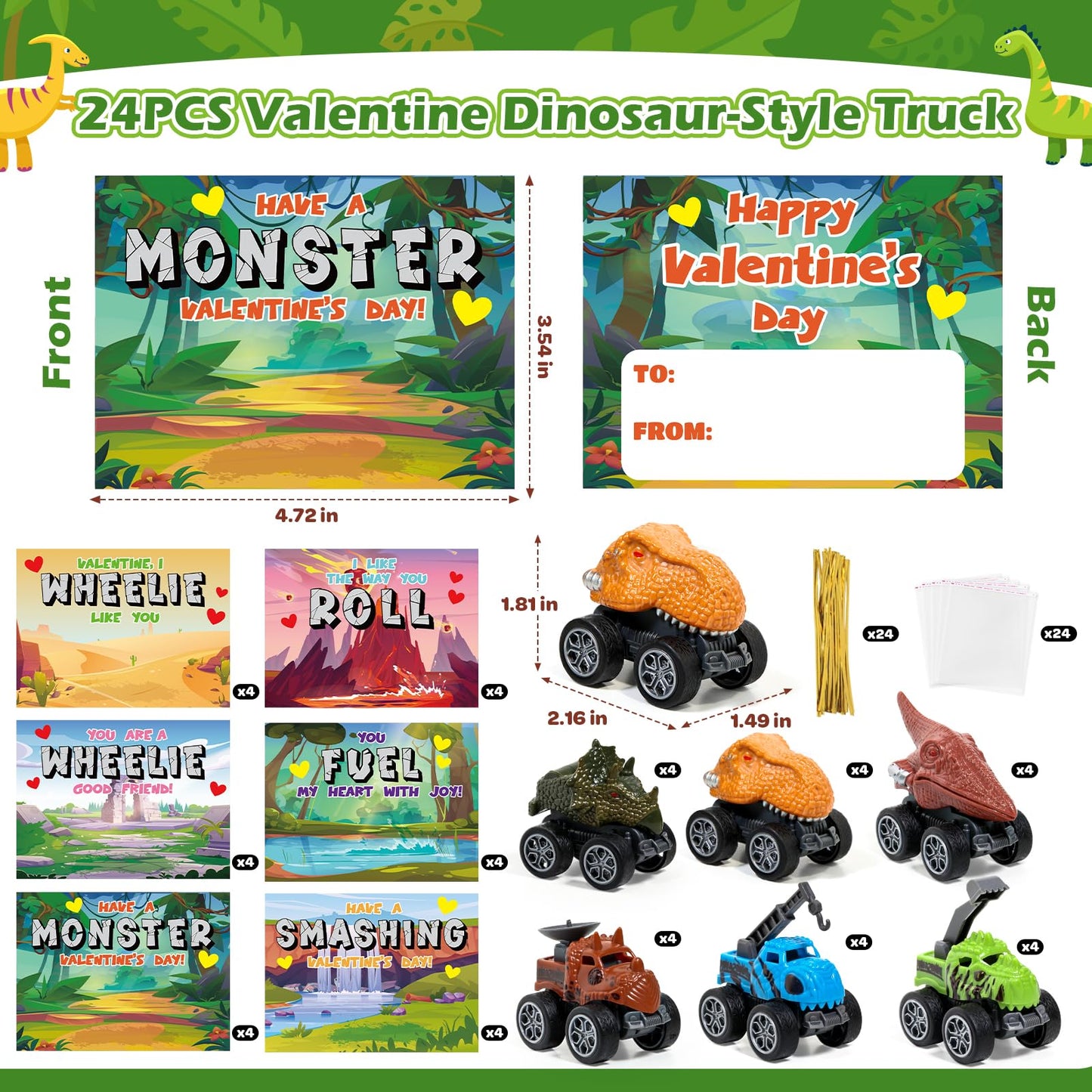 Shyling Valentines Day Cards for Kids – 24-Pack Monster Truck Dino Cards & Pull-Back Toys