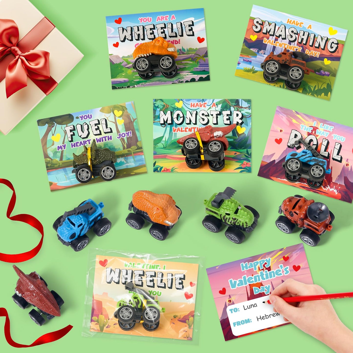 Shyling Valentines Day Cards for Kids – 24-Pack Monster Truck Dino Cards & Pull-Back Toys