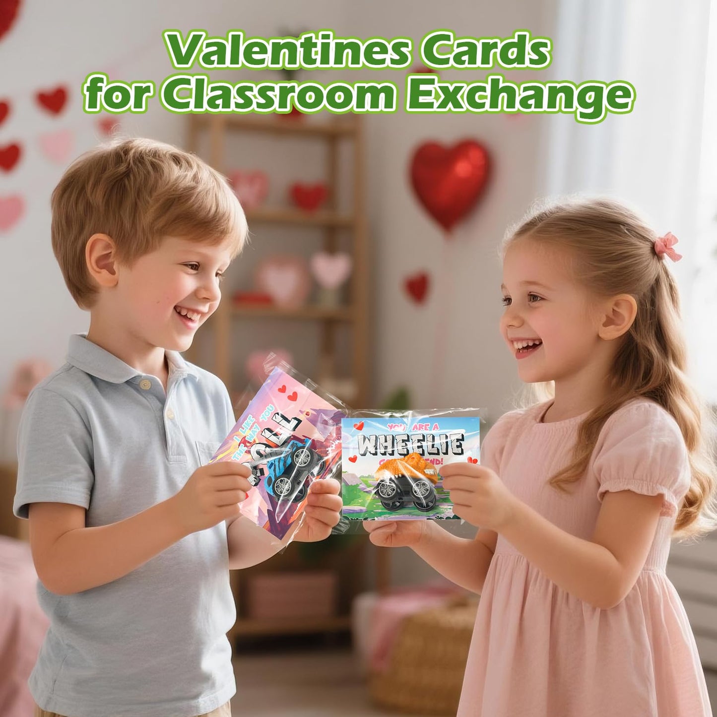 Shyling Valentines Day Cards for Kids – 24-Pack Monster Truck Dino Cards & Pull-Back Toys