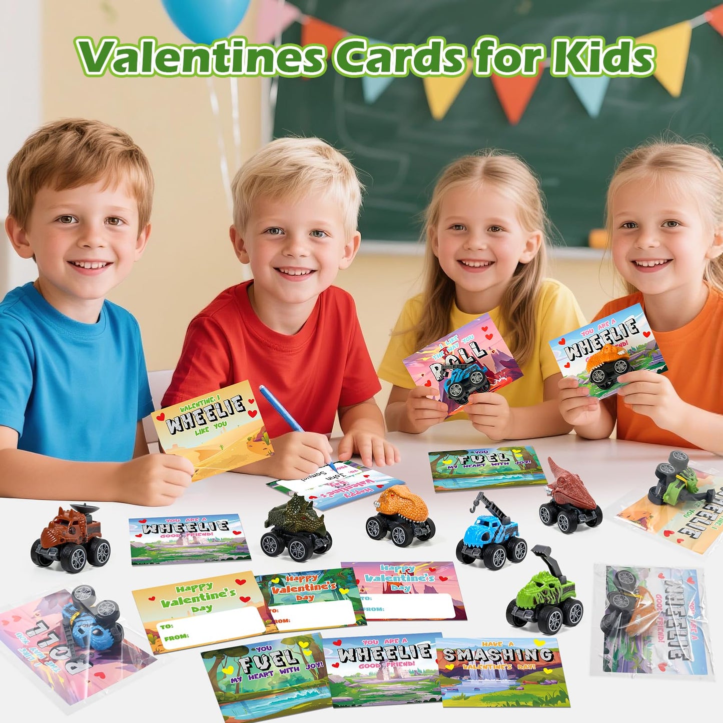 Shyling Valentines Day Cards for Kids – 24-Pack Monster Truck Dino Cards & Pull-Back Toys