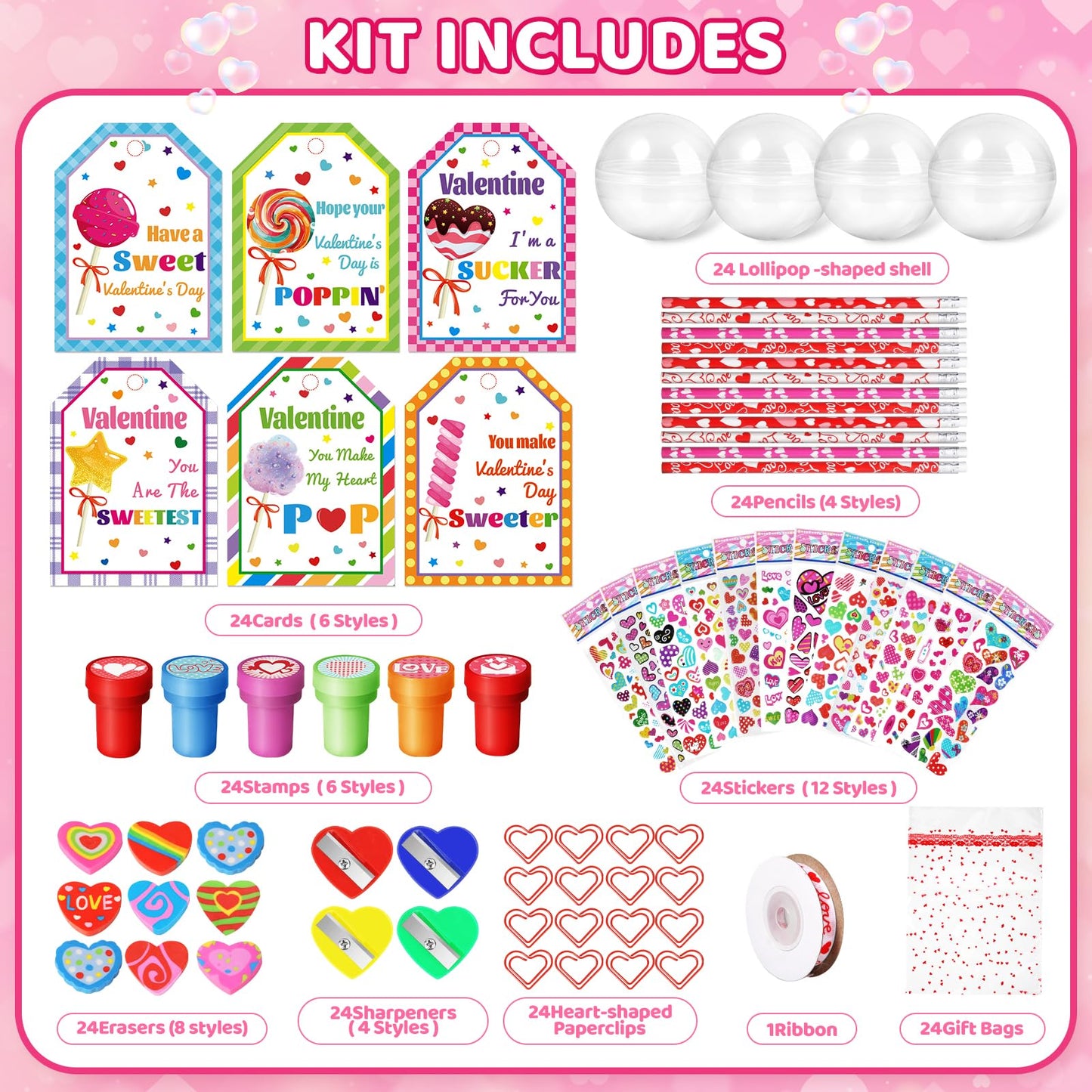 Shyling Valentines Day Card for Kids School – 24 Pack Giant Lollipop Stationery Kit