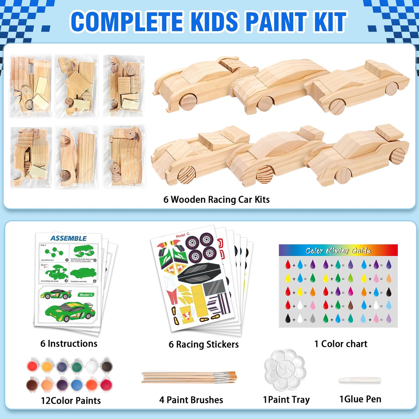 Shyling Arts & Crafts Kit – Build & Paint 6 Wooden Race Cars for Kids Aged 8-12