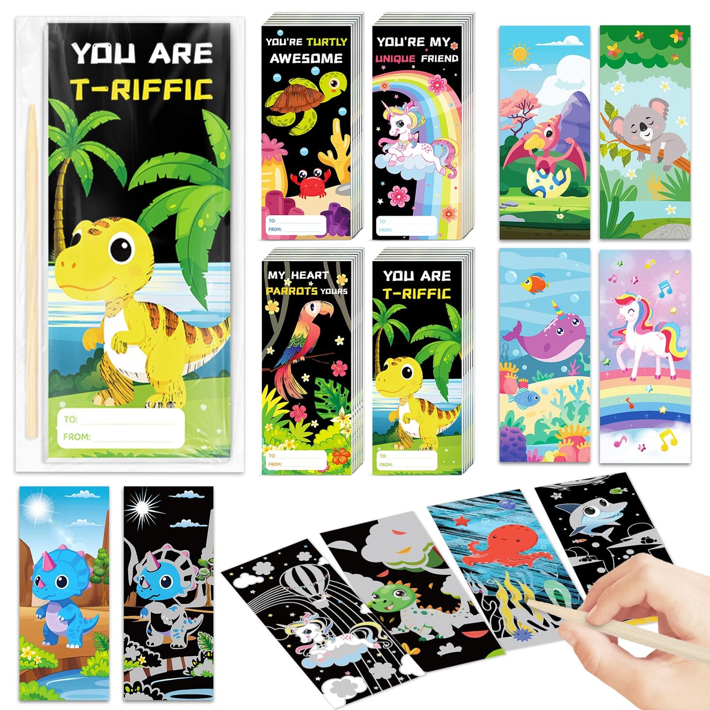 ShyLizard 24-Pack Valentines Scratch Art Kit for Kids – Rainbow Paper Set & Classroom Gifts
