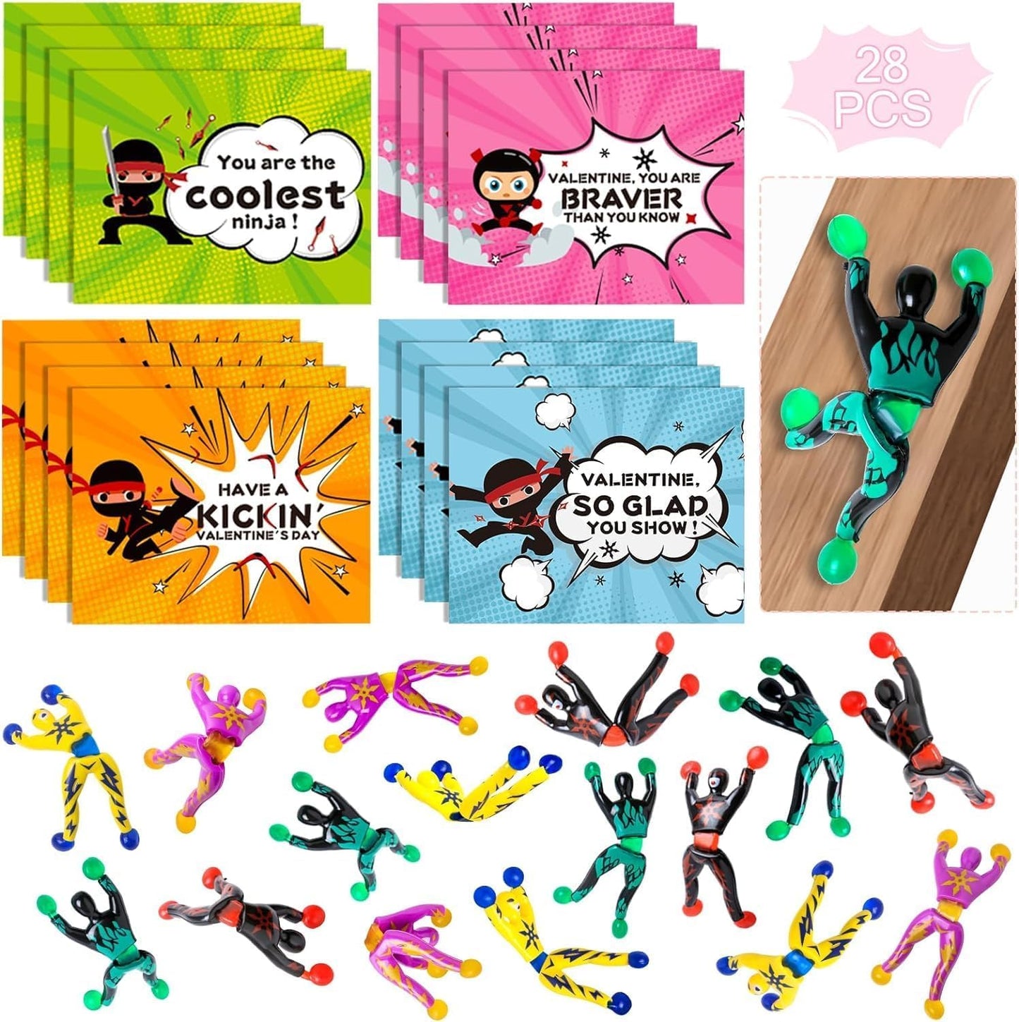 ShyLizard 28-Pack Valentines Day Cards with Wall-Climbing Toys for Kids