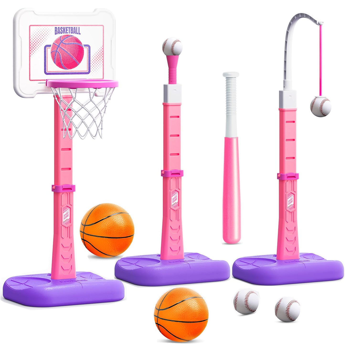 ShyLizard 3-in-1 Kids Basketball Hoop & T-Ball Set | Adjustable Pink Indoor Outdoor Toy