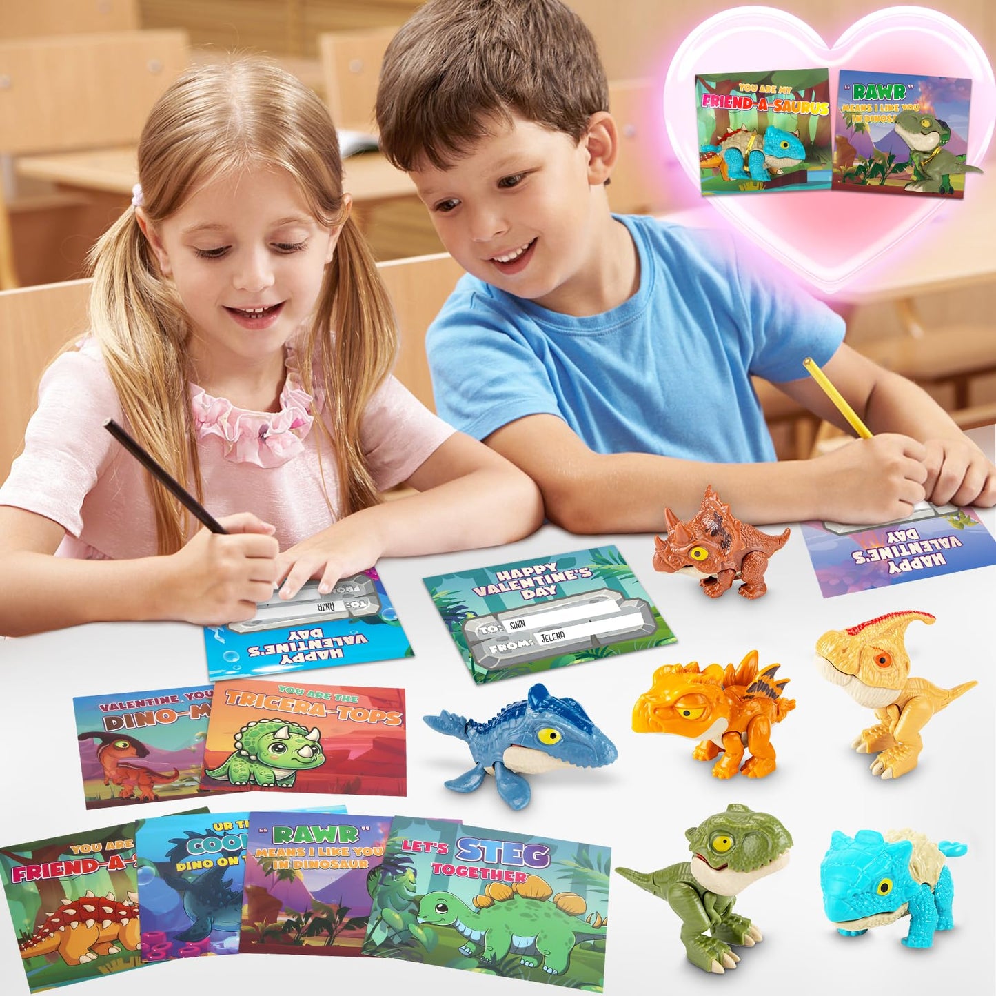ShyLizard 24-Pack Valentines Cards with Dinosaur Toys – Classroom Gift Set