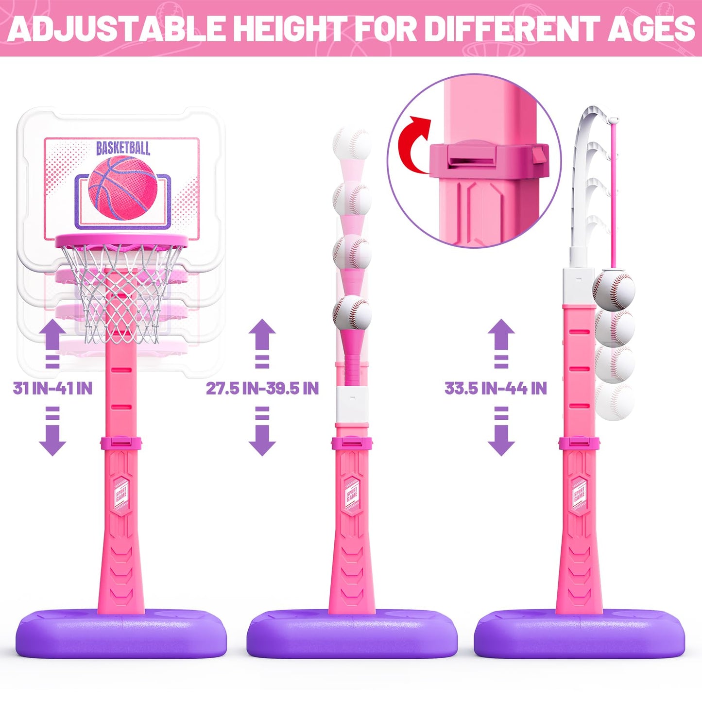 ShyLizard 3-in-1 Kids Basketball Hoop & T-Ball Set | Adjustable Pink Indoor Outdoor Toy
