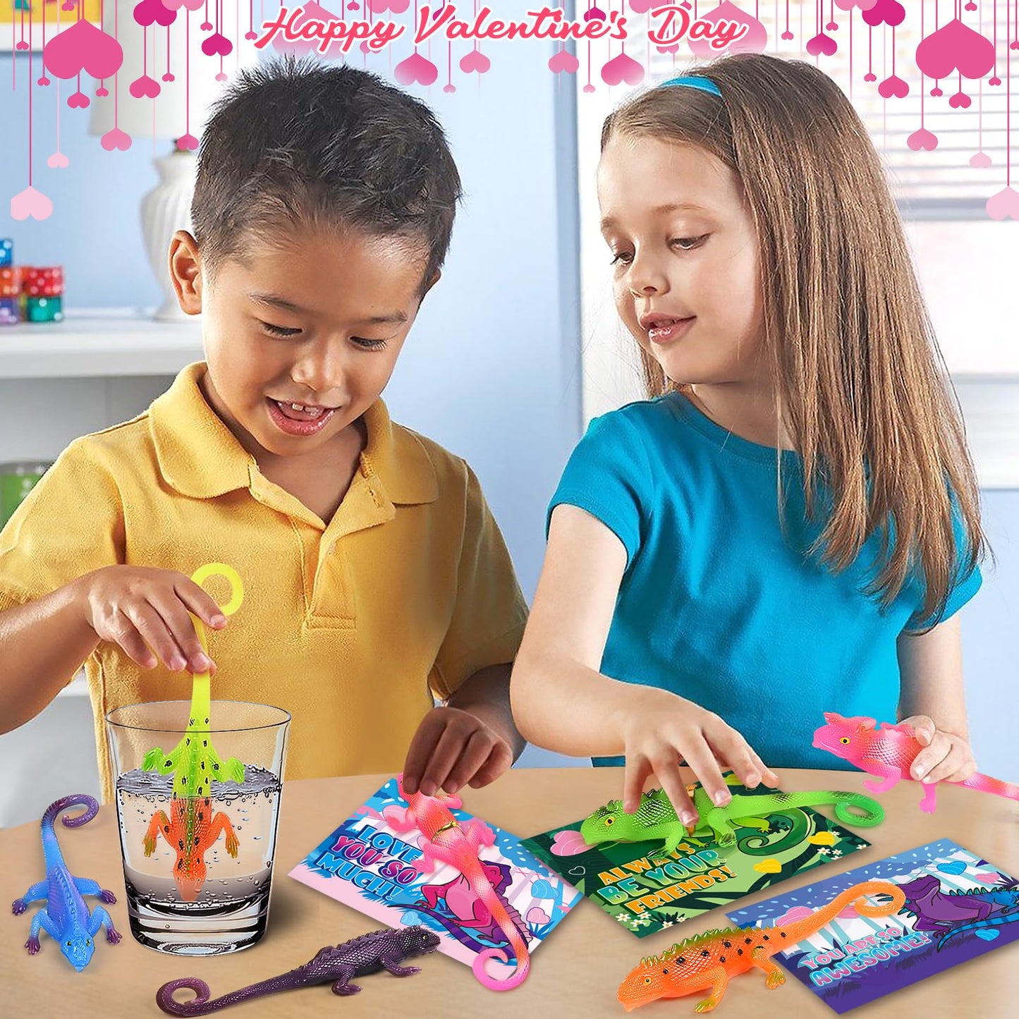 ShyLizard 24 PCS Valentines Day Cards with Color-Changing Lizard Toys — Classroom Gift Set
