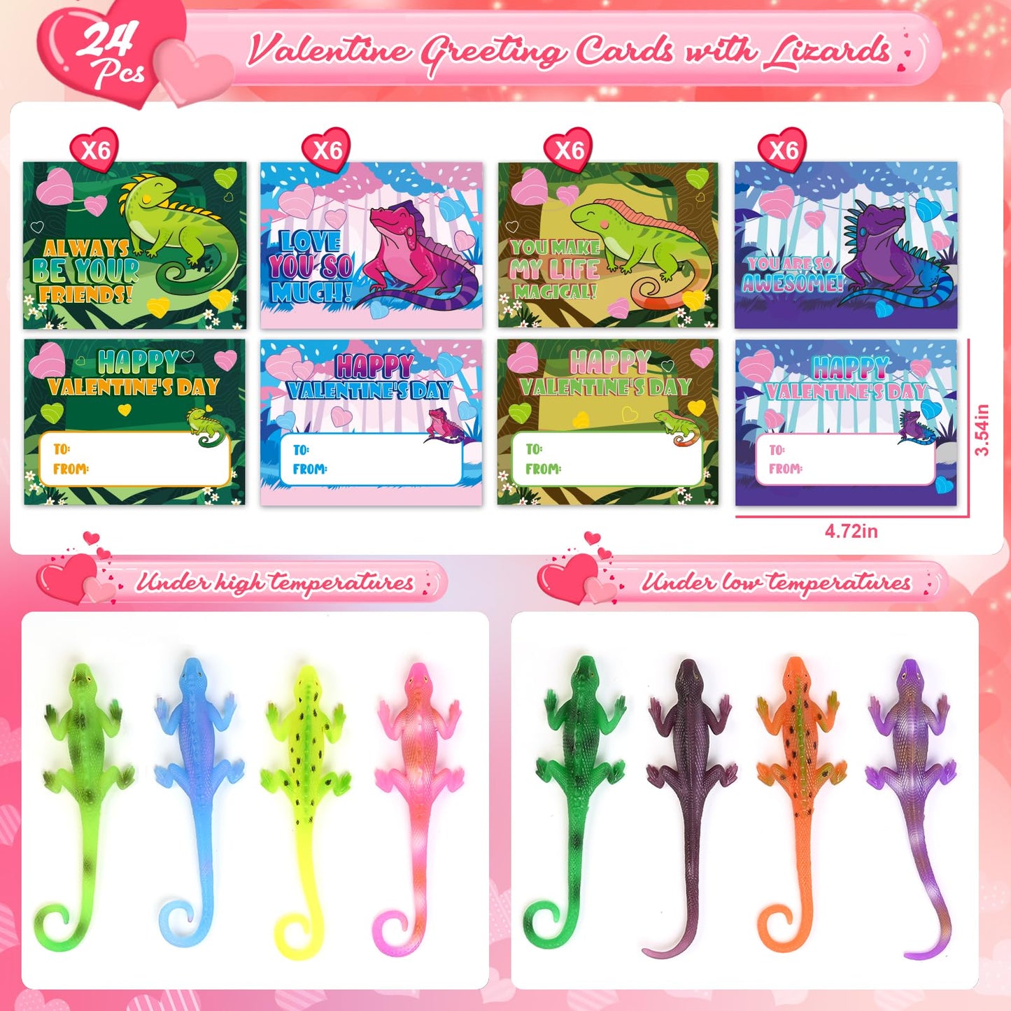 ShyLizard 24 PCS Valentines Day Cards with Color-Changing Lizard Toys — Classroom Gift Set