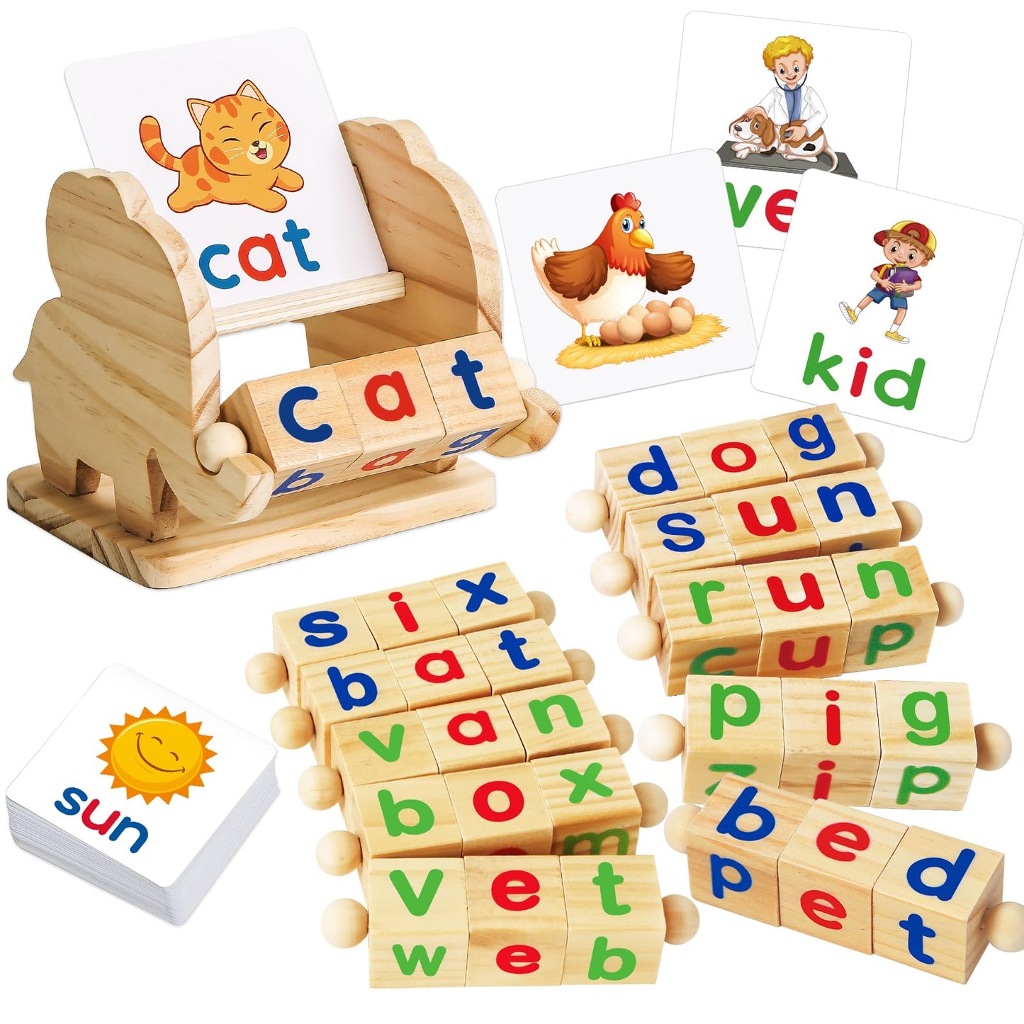 ShyLizard Montessori Reading Blocks – Wooden Vowel Blocks & Flash Cards for Toddlers (Ages 3-5)