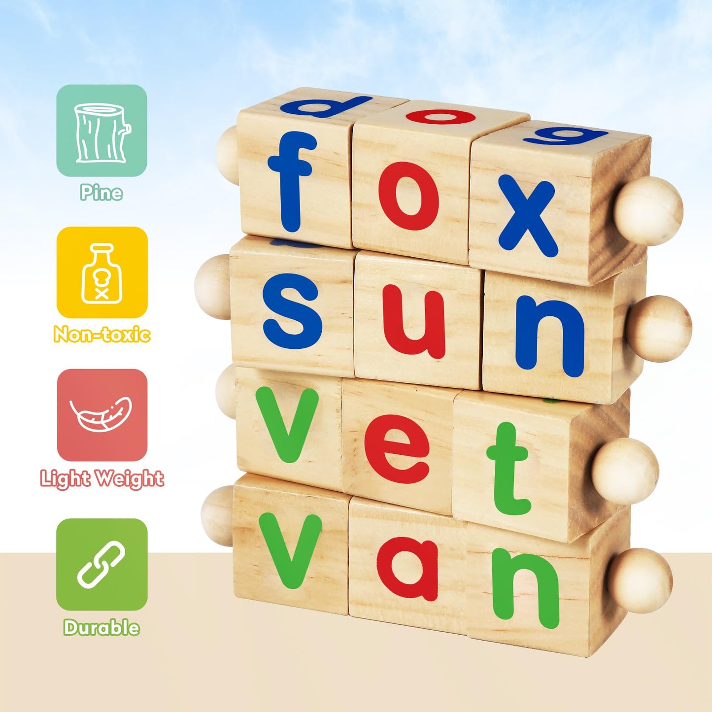 ShyLizard Montessori Reading Blocks – Wooden Vowel Blocks & Flash Cards for Toddlers (Ages 3-5)