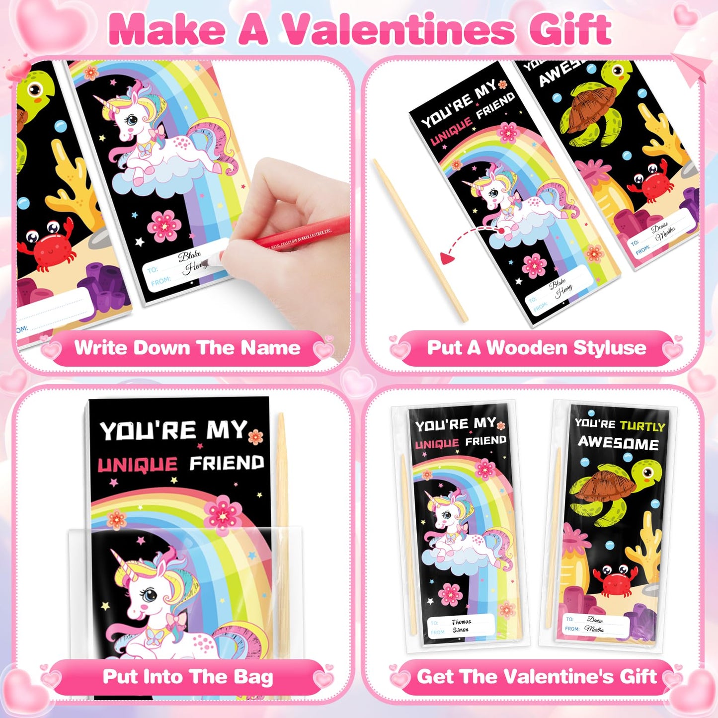 ShyLizard 24-Pack Valentines Scratch Art Kit for Kids – Rainbow Paper Set & Classroom Gifts