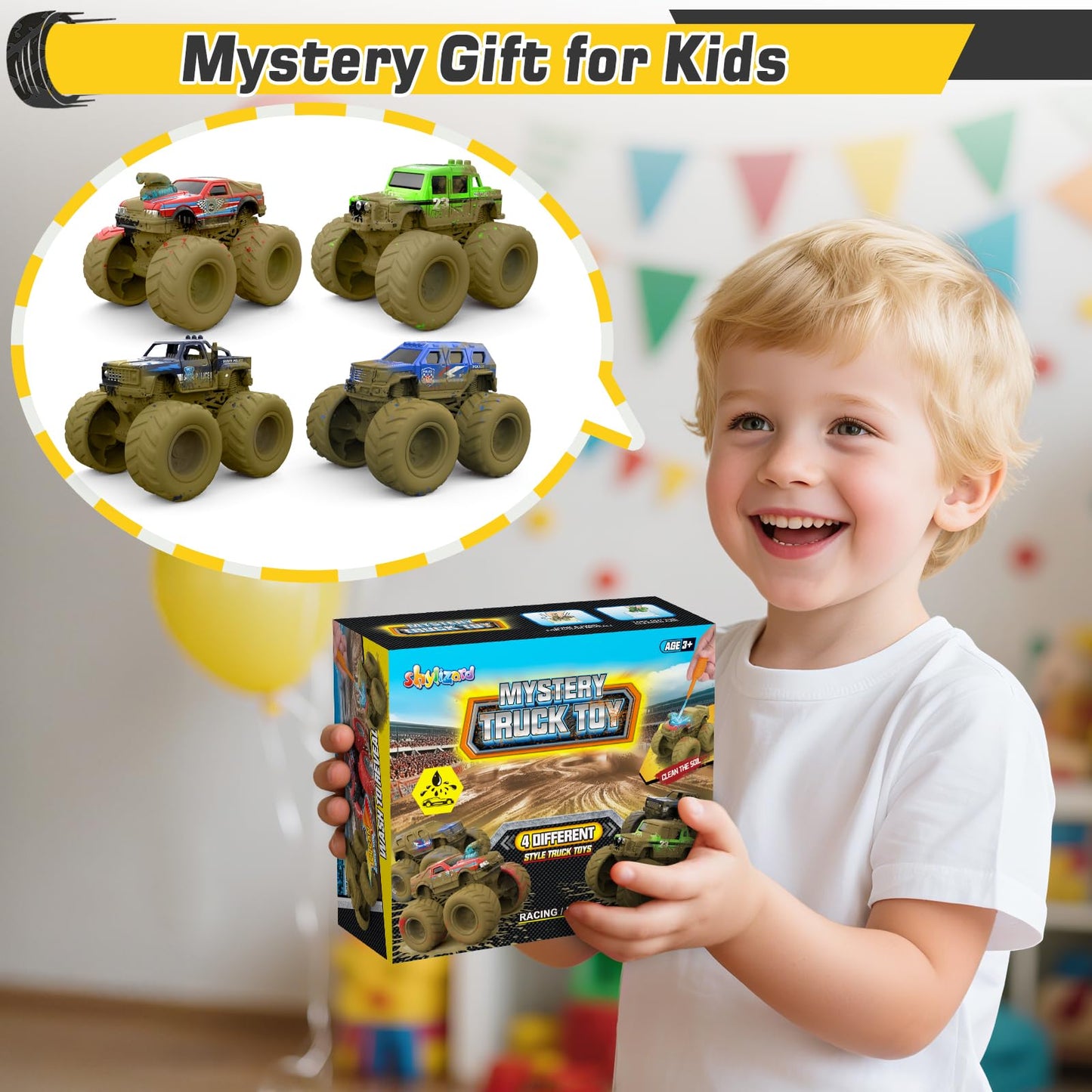 ShyLizard Monster Trucks – Wash-to-Reveal 4-Pack for Kids Aged 3-8 | Durable, Safe, Mess-Free Play