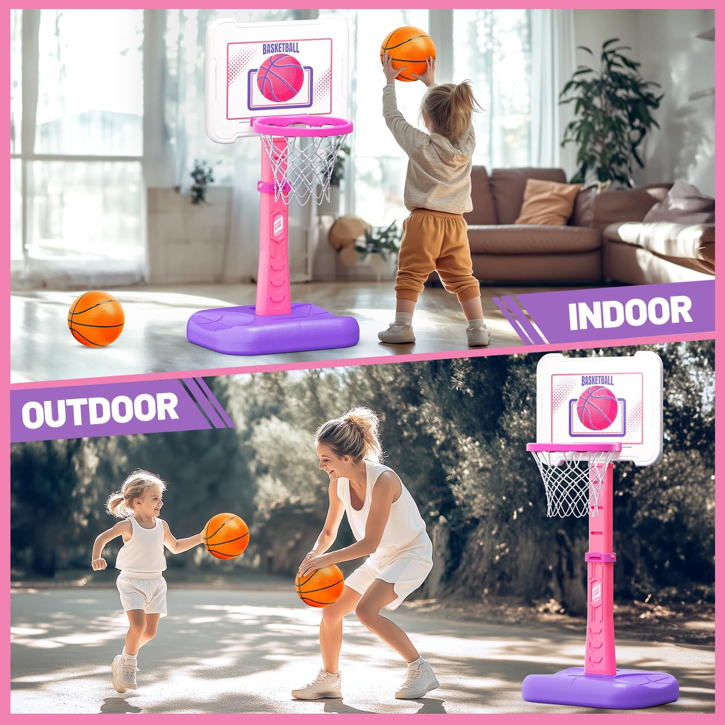 ShyLizard 3-in-1 Kids Basketball Hoop & T-Ball Set | Adjustable Pink Indoor Outdoor Toy