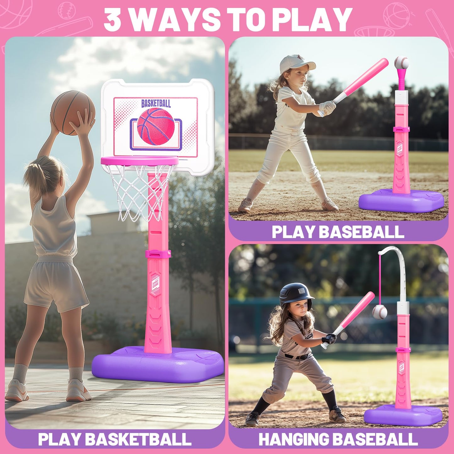 ShyLizard 3-in-1 Kids Basketball Hoop & T-Ball Set | Adjustable Pink Indoor Outdoor Toy