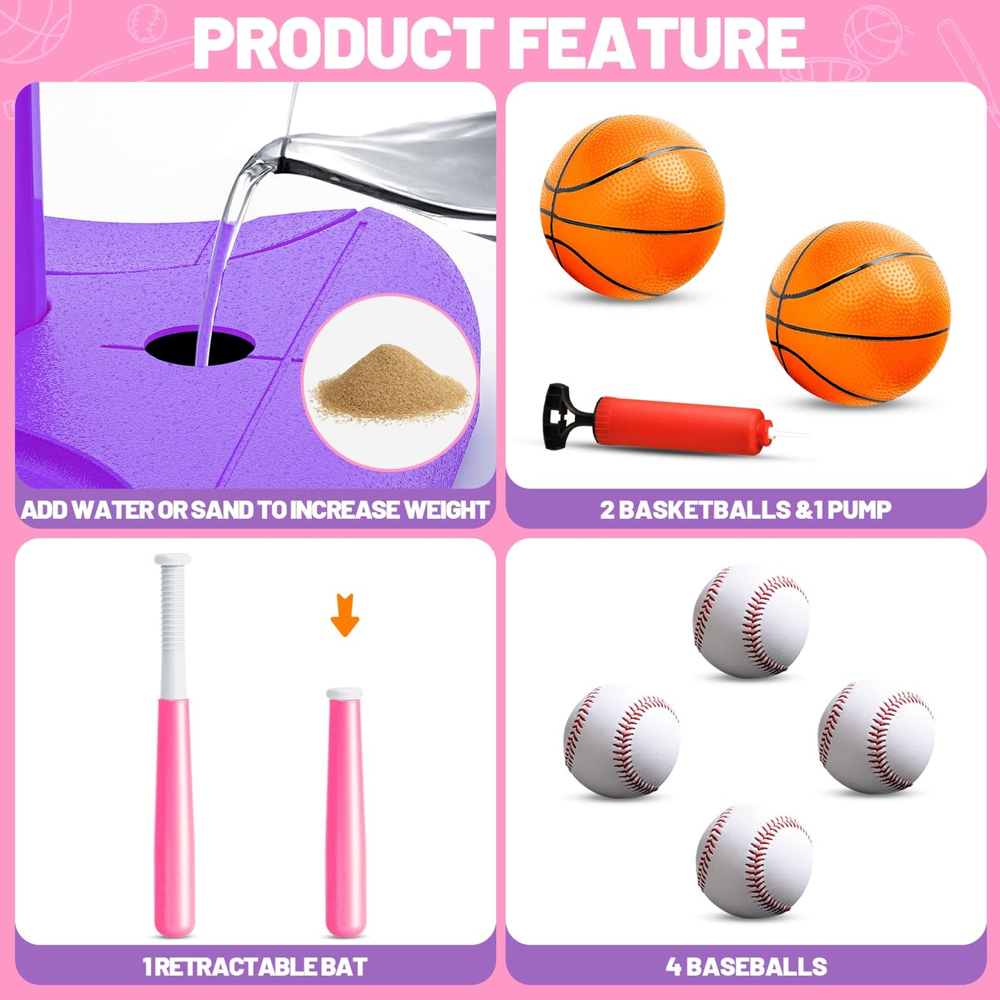 ShyLizard 3-in-1 Kids Basketball Hoop & T-Ball Set | Adjustable Pink Indoor Outdoor Toy