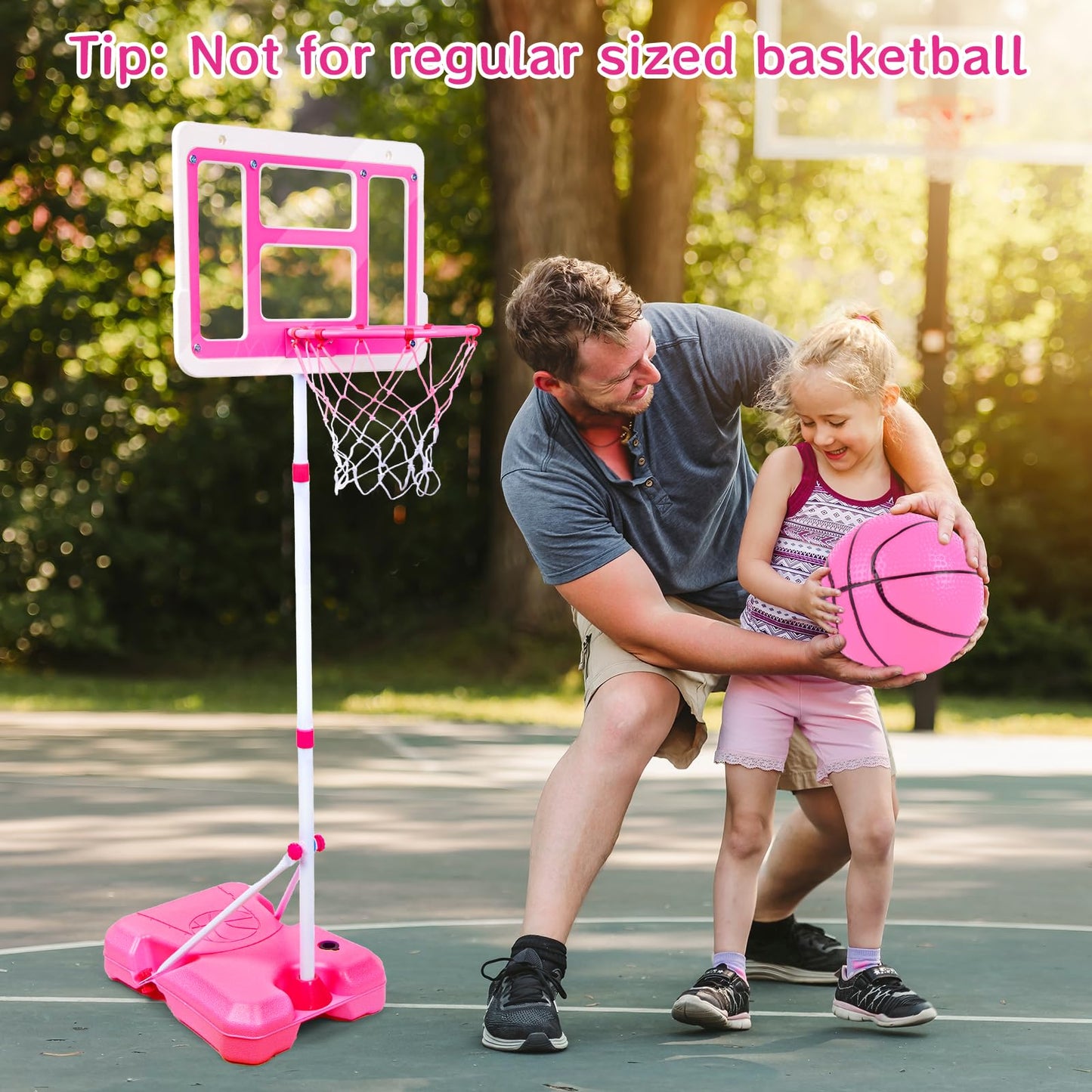 ShyLizard Kids Basketball Hoop with Stand - Adjustable Height 3.5-6.2 ft (Pink)