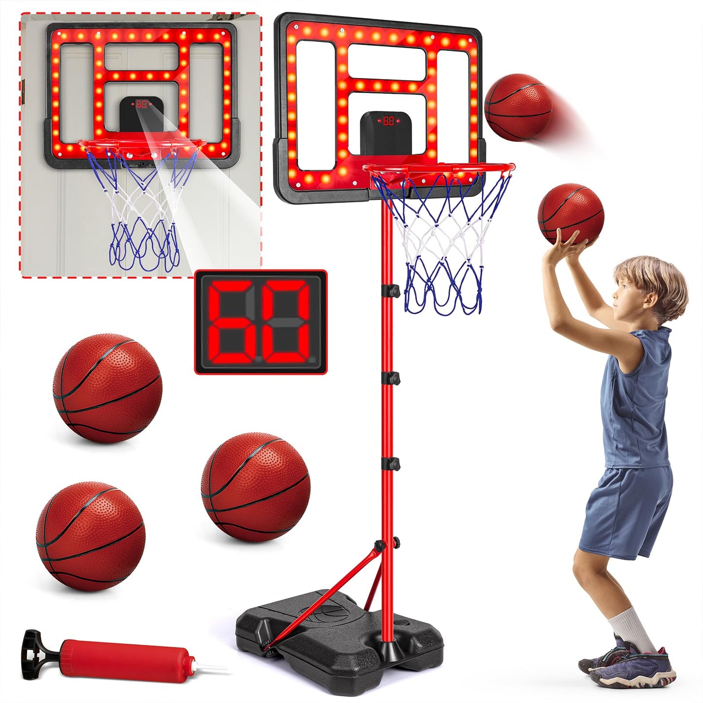 ShyLizard Kids Basketball Hoop – Adjustable 3.5–6.2 ft with Scoreboard & LED