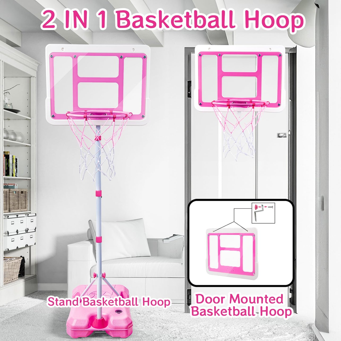 ShyLizard Kids Basketball Hoop with Stand - Adjustable Height 3.5-6.2 ft (Pink)