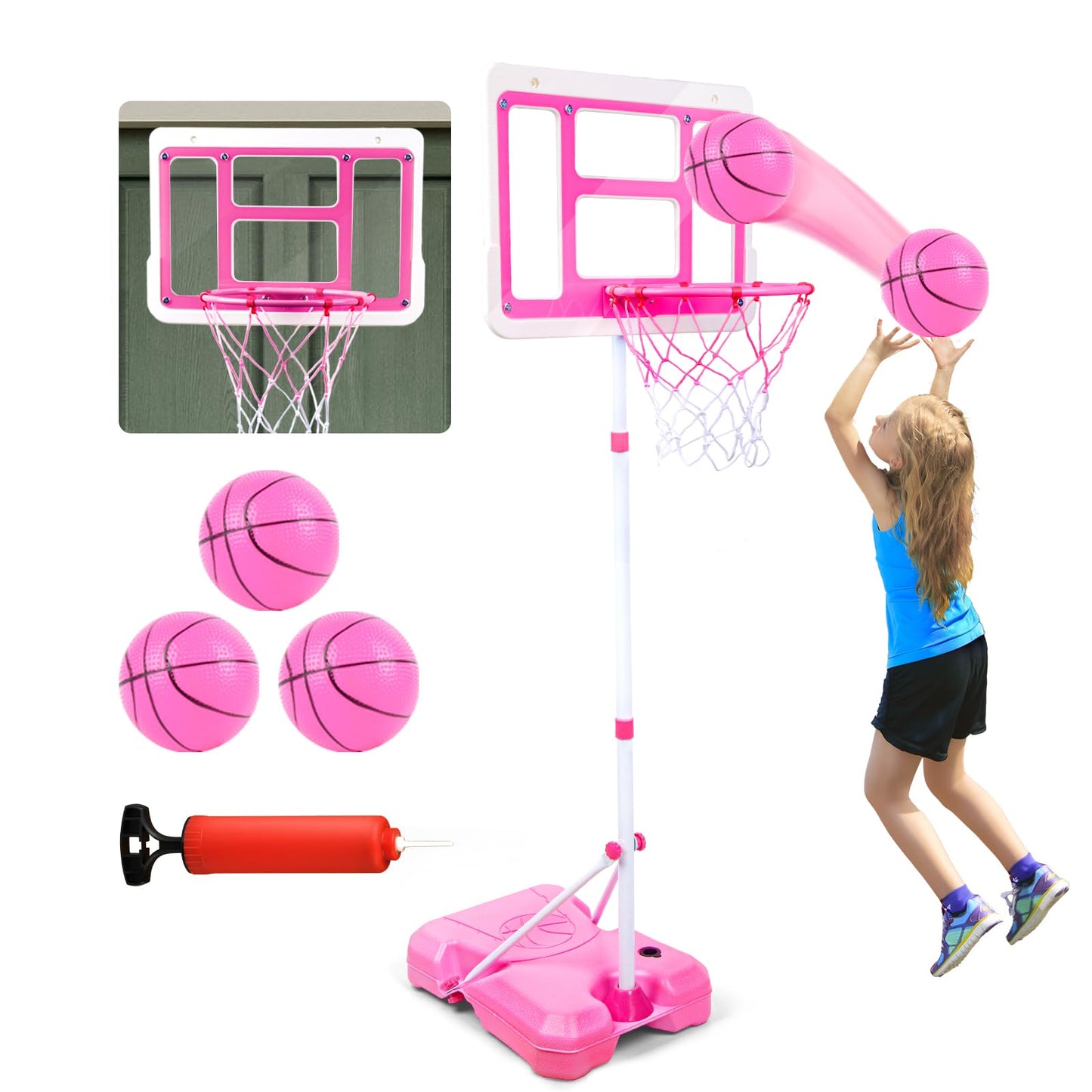 ShyLizard Kids Basketball Hoop with Stand - Adjustable Height 3.5-6.2 ft (Pink)