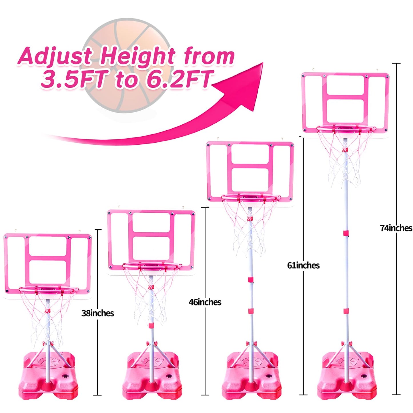 ShyLizard Kids Basketball Hoop with Stand - Adjustable Height 3.5-6.2 ft (Pink)