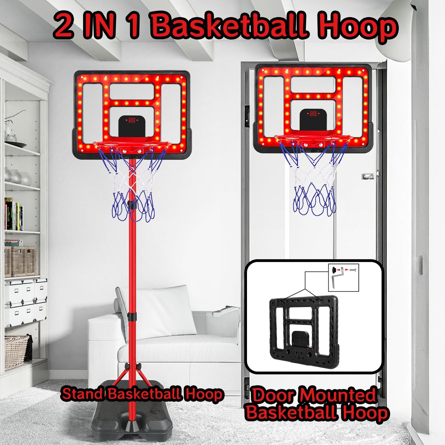 ShyLizard Kids Basketball Hoop – Adjustable 3.5–6.2 ft with Scoreboard & LED