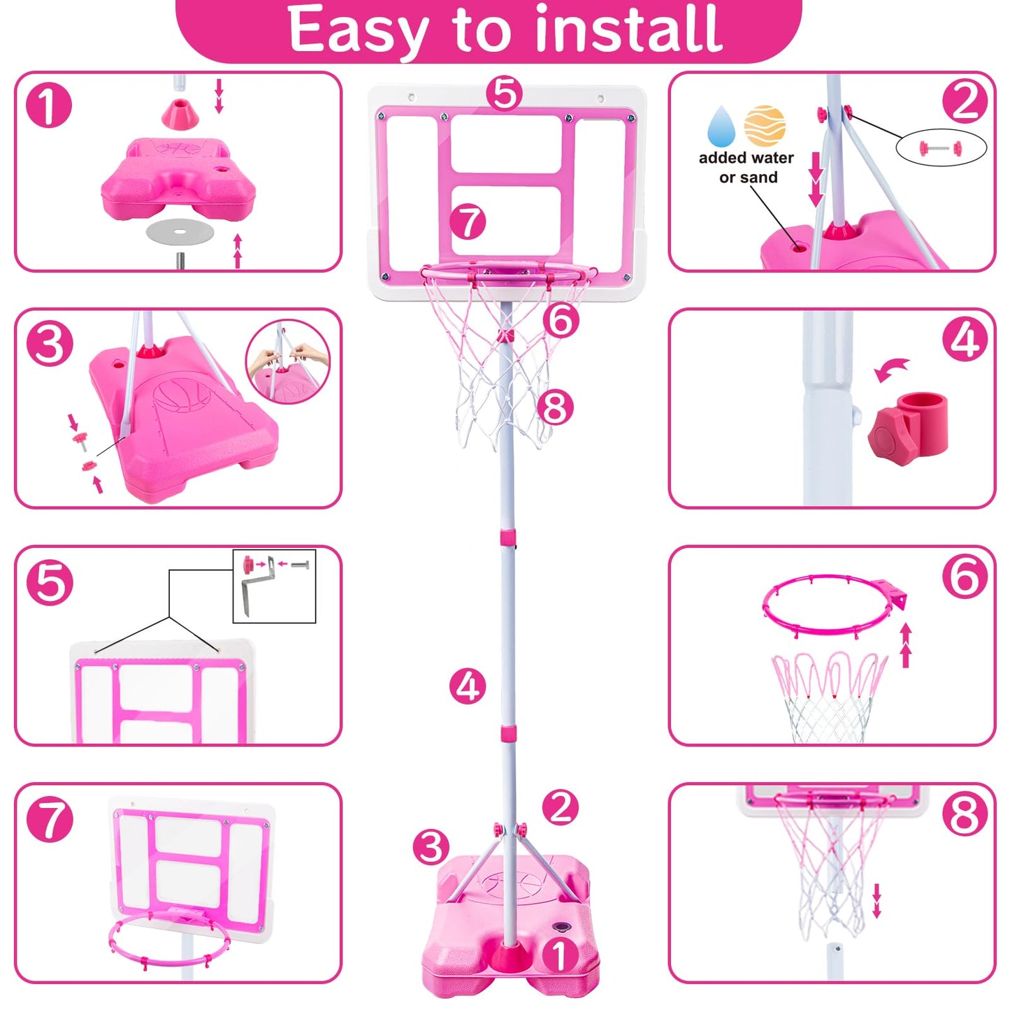 ShyLizard Kids Basketball Hoop with Stand - Adjustable Height 3.5-6.2 ft (Pink)