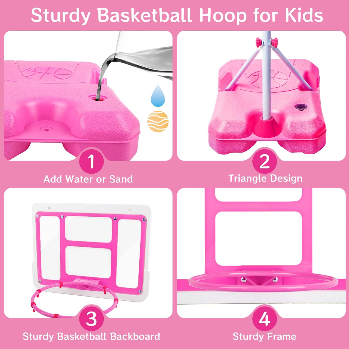 ShyLizard Kids Basketball Hoop with Stand - Adjustable Height 3.5-6.2 ft (Pink)