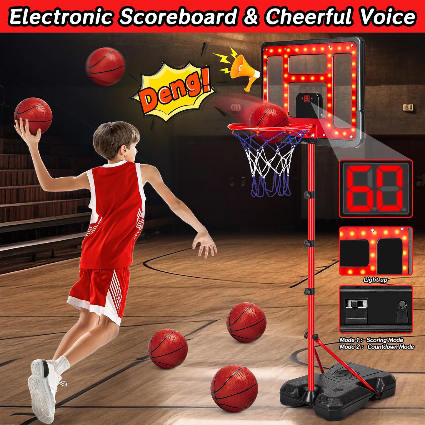ShyLizard Kids Basketball Hoop – Adjustable 3.5–6.2 ft with Scoreboard & LED