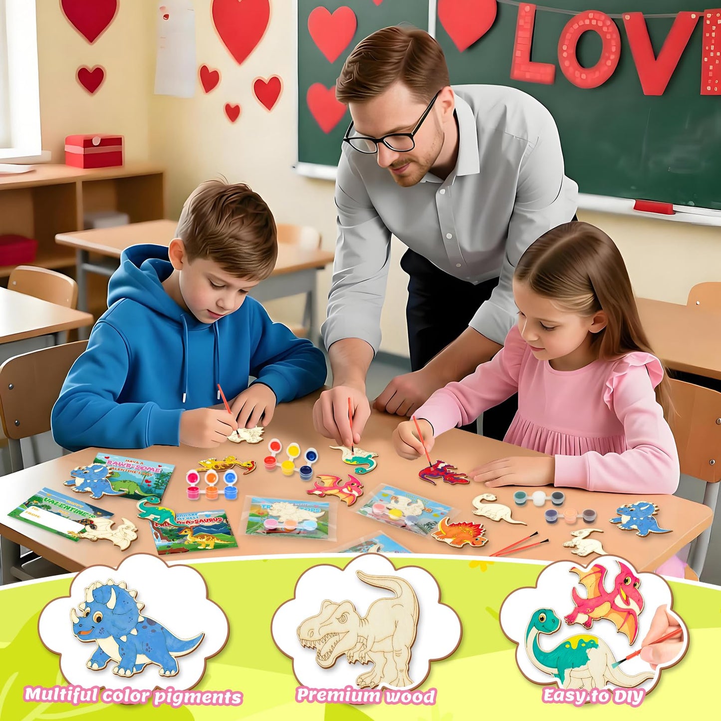 ShyLizard 24-Pack Dinosaur Valentine Cards & Wood Paint Crafts Set – Classroom Gifts