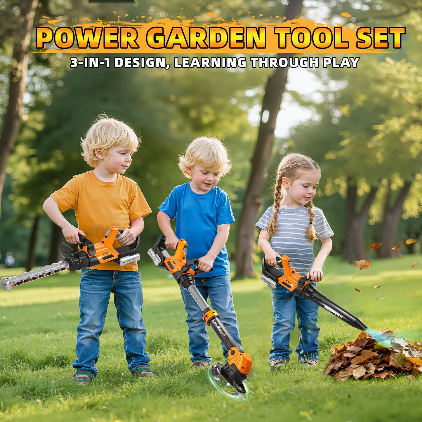 ShyLizard 3-in-1 Kids Tool Set with Lights & Sounds – Weed Wacker, Leaf Blower & Hedge Trimmer Toy