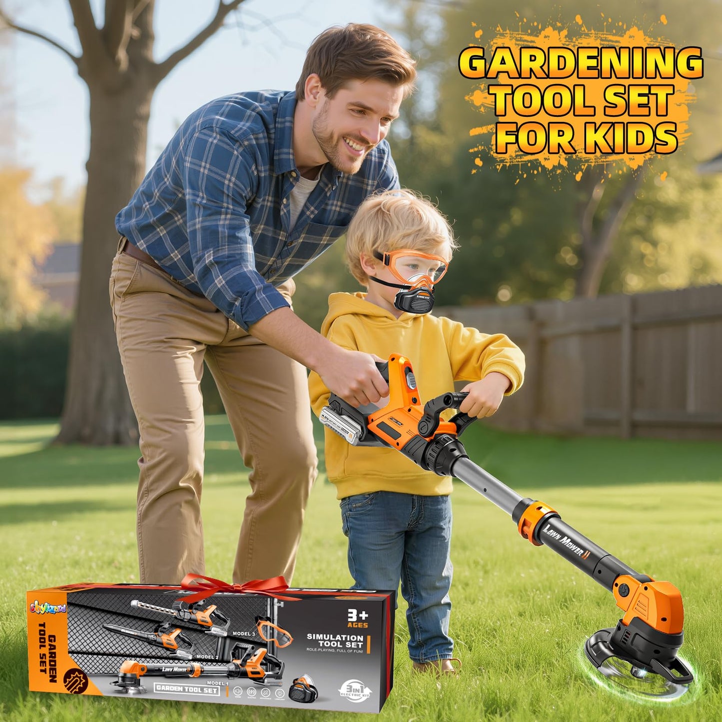 ShyLizard 3-in-1 Kids Tool Set with Lights & Sounds – Weed Wacker, Leaf Blower & Hedge Trimmer Toy